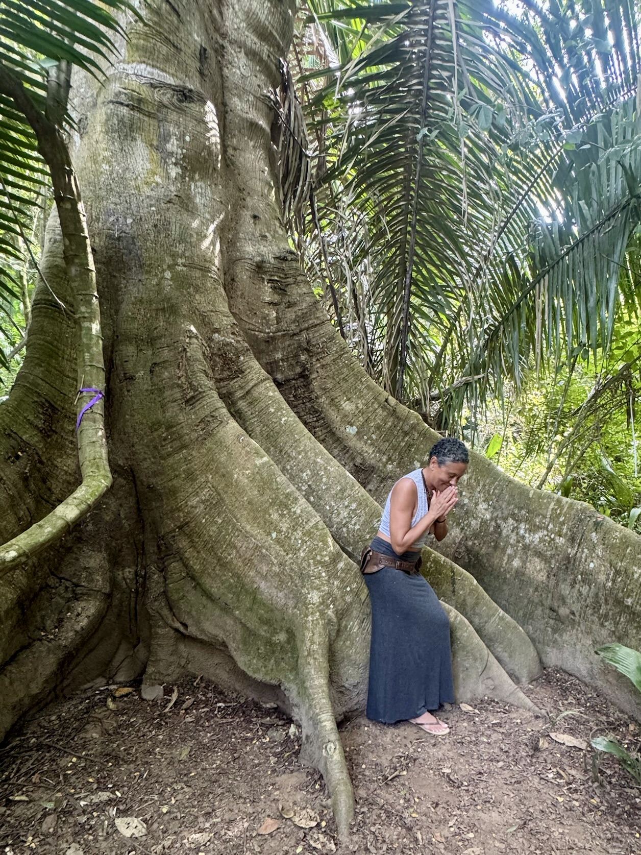 A woman in prayer at the base of a great tree